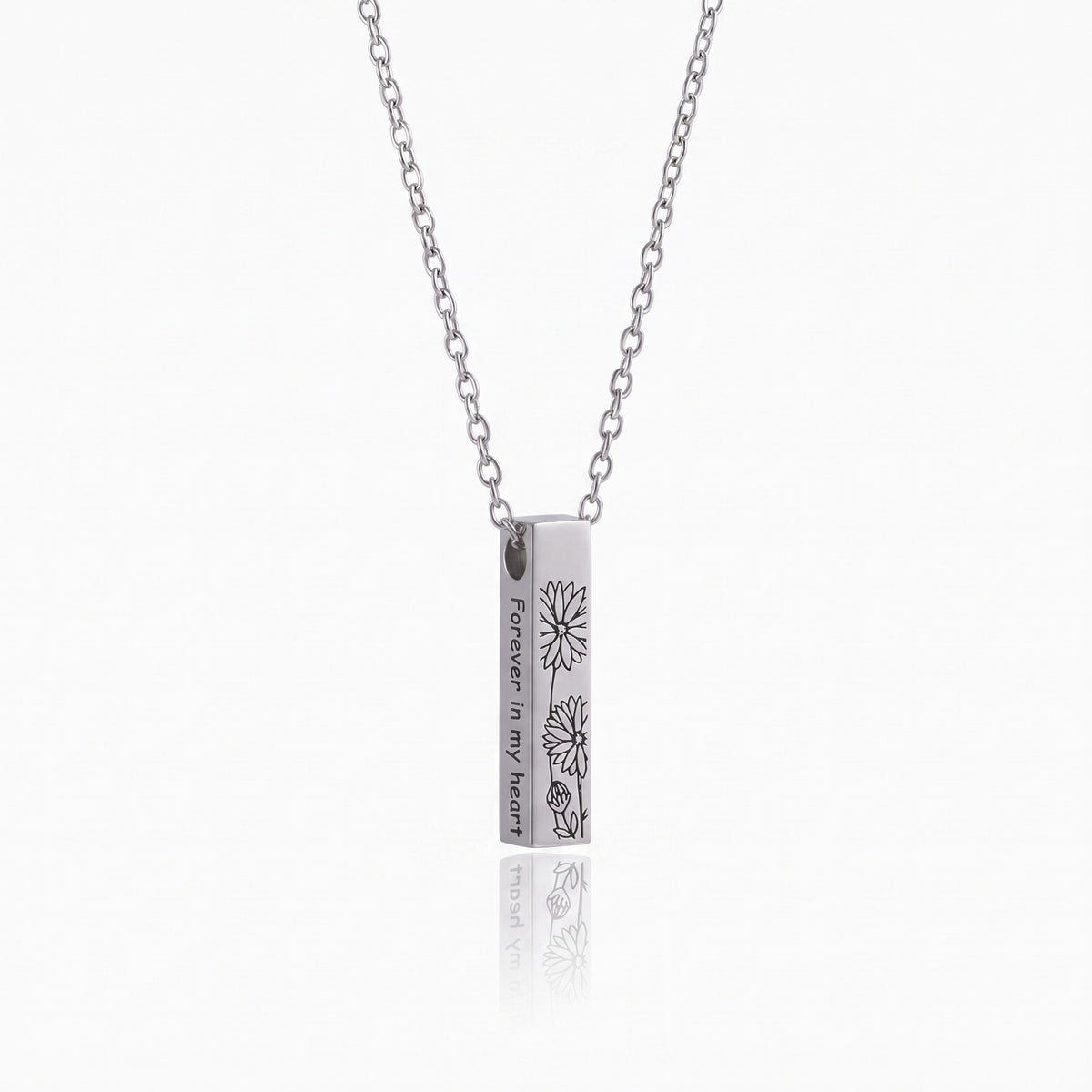 urn bar necklace with birth flower and custom engravings