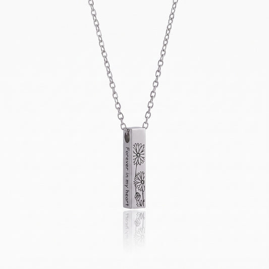 urn bar necklace with birth flower and custom engravings