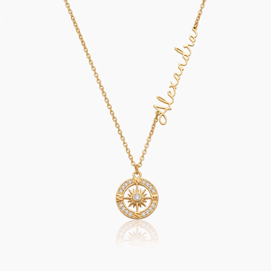 personalized name compass necklace sideways