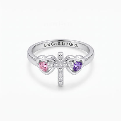 custom engraved double birthstone hearts cross ring