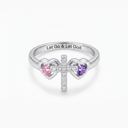 custom engraved double birthstone hearts cross ring