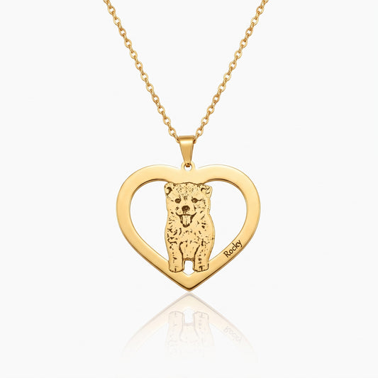 pet portrait necklace heart pendant with engraved name