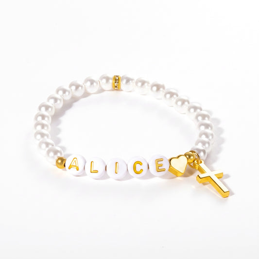 name beaded gold cross bracelet with faux pearls initials