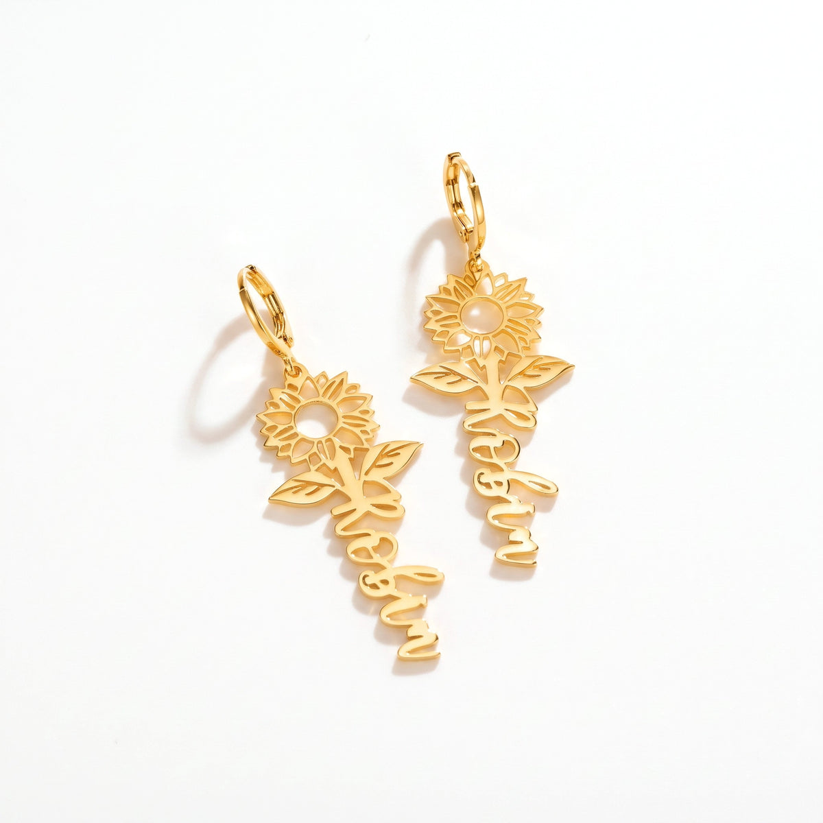 custom name sunflower huggie earrings