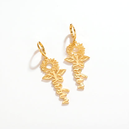 custom name sunflower huggie earrings