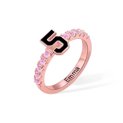 Personalized Sports Team Number Birthstone Ring with Custom Engraving