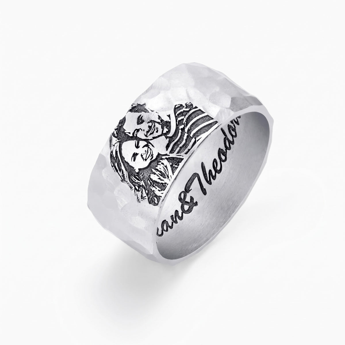 custom engraved pet portrait hammered ring with inner engraving