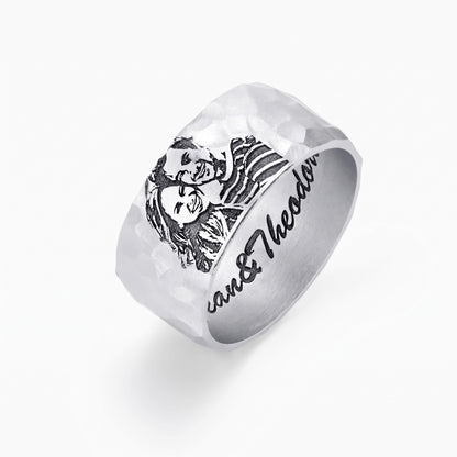 custom engraved pet portrait hammered ring with inner engraving