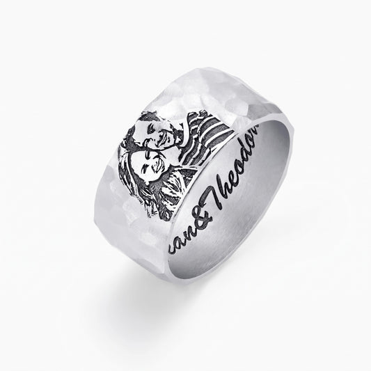 custom engraved pet portrait hammered ring with inner engraving