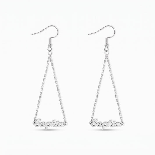 personalized triangle name dangly earrings