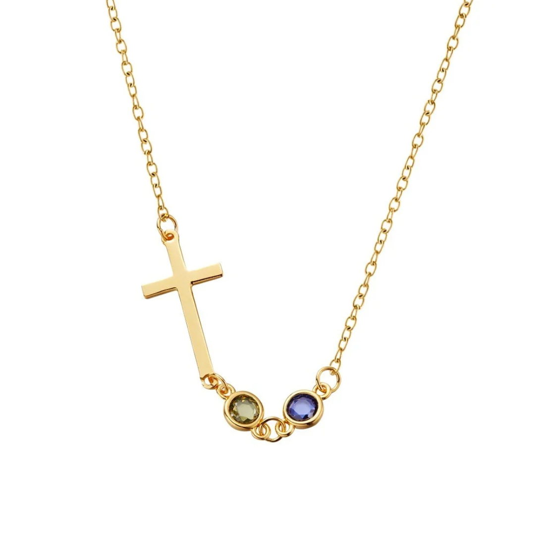 Personalized Birthstones Sideways Cross Necklace
