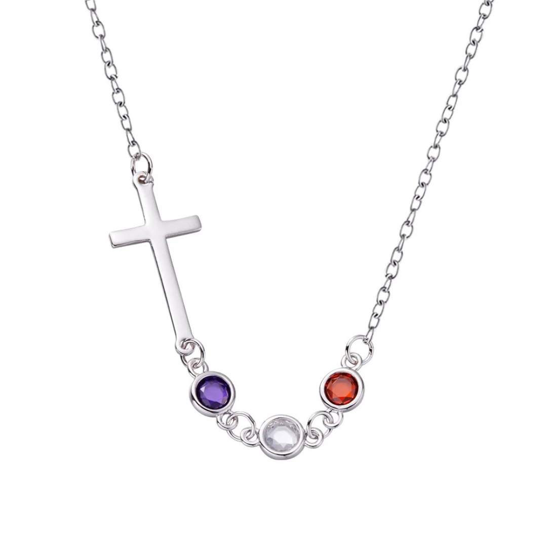 Personalized Birthstones Sideways Cross Necklace