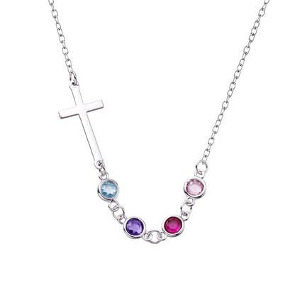 Personalized Birthstones Sideways Cross Necklace