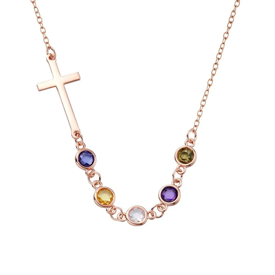 Personalized Birthstones Sideways Cross Necklace