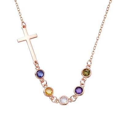 Personalized Birthstones Sideways Cross Necklace