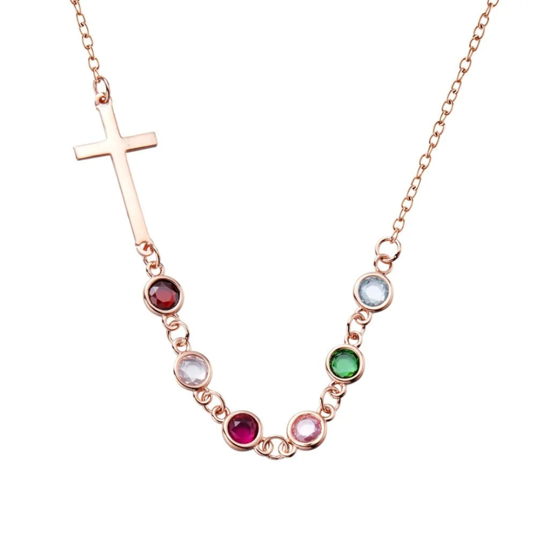 Personalized Birthstones Sideways Cross Necklace