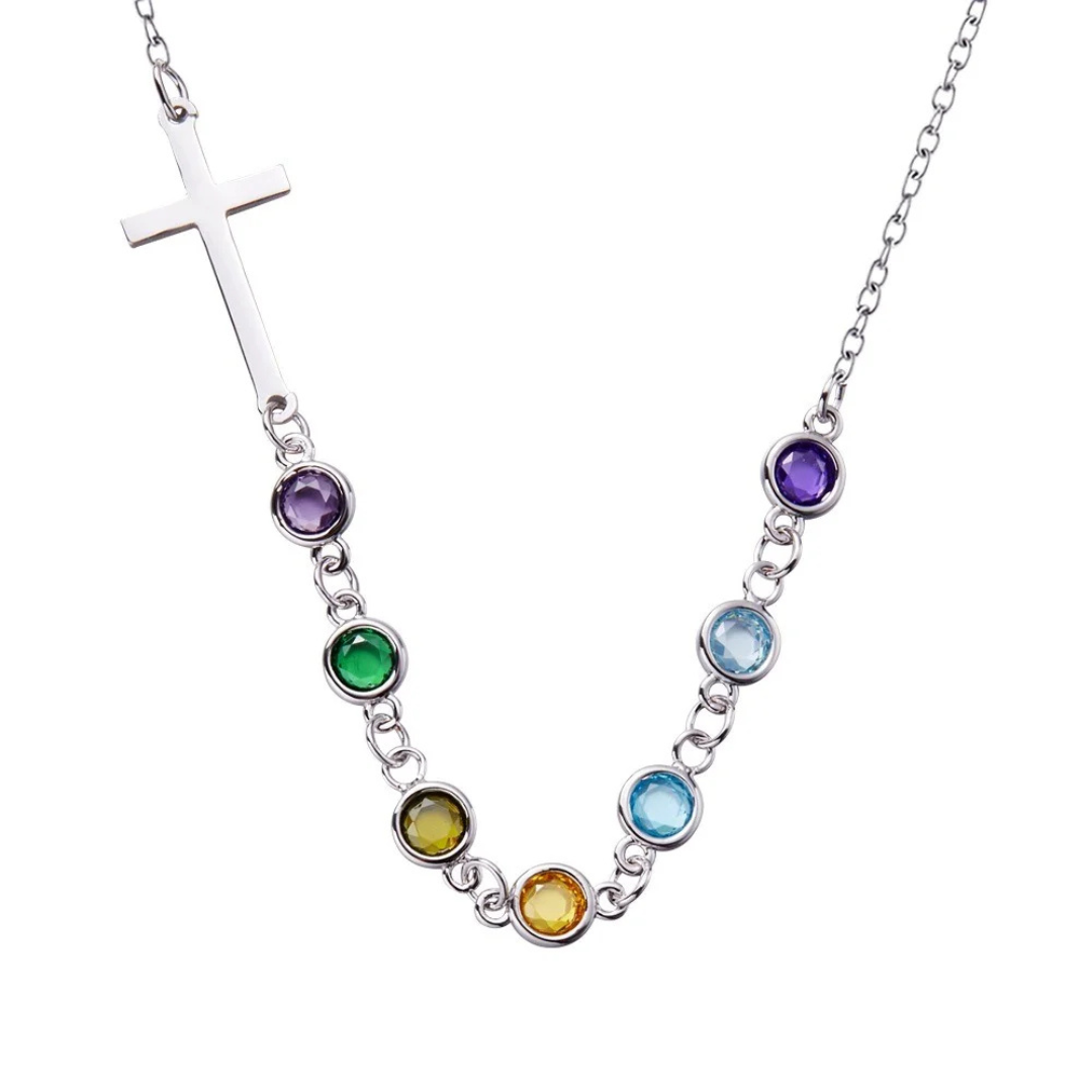 Personalized Birthstones Sideways Cross Necklace