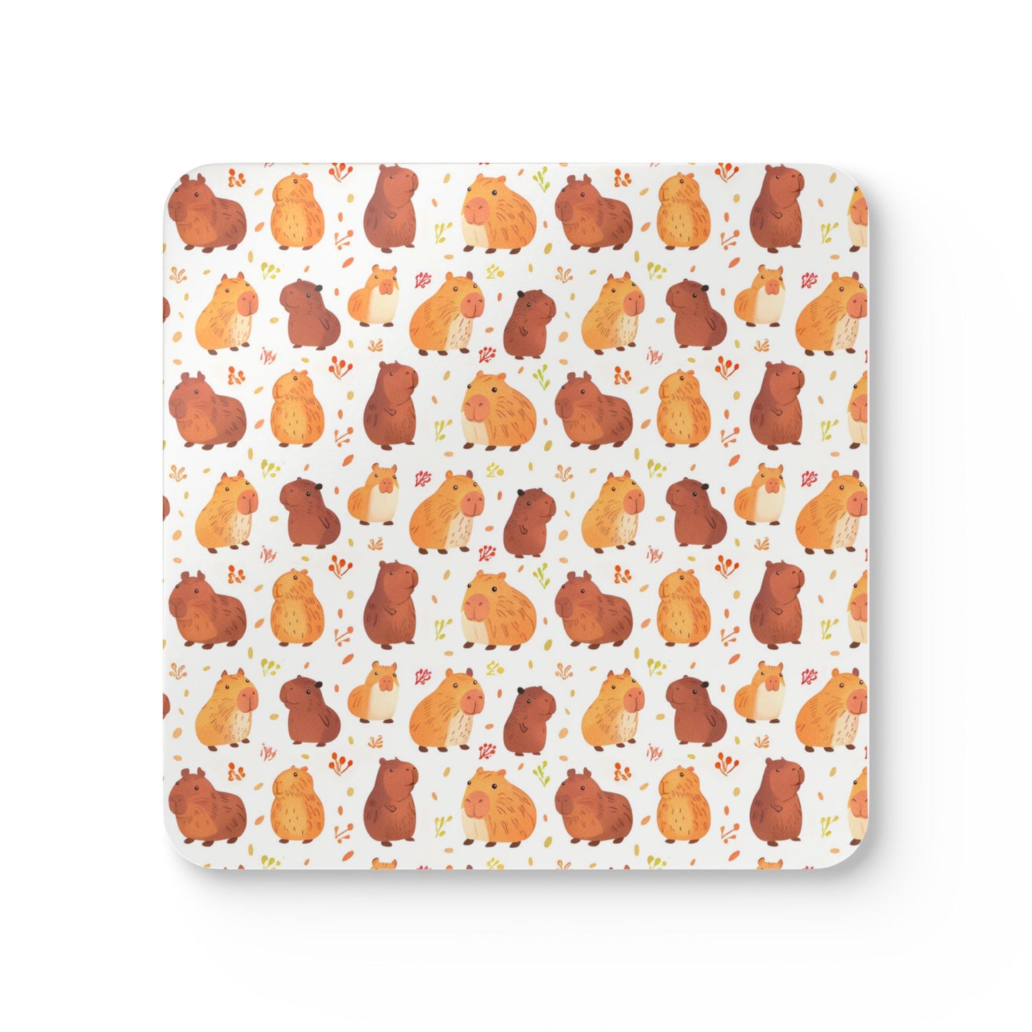 Capybaras Chibi Style Print Corkwood 4 Coasters Set
