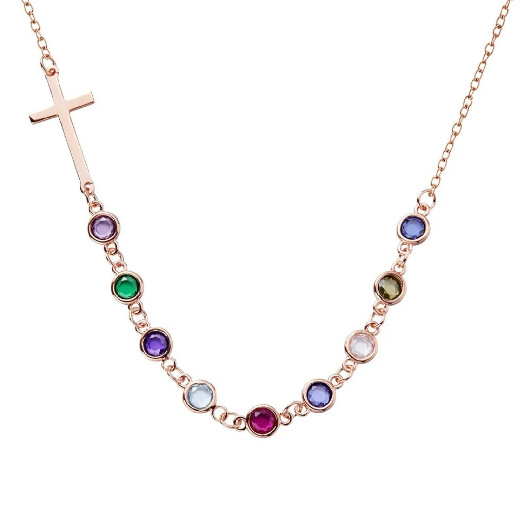 Personalized Birthstones Sideways Cross Necklace