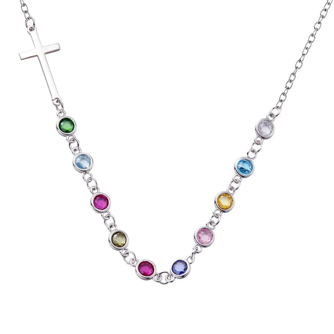 Personalized Birthstones Sideways Cross Necklace