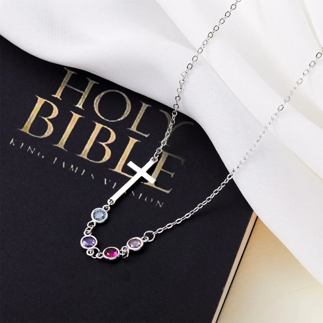 Personalized Birthstones Sideways Cross Necklace