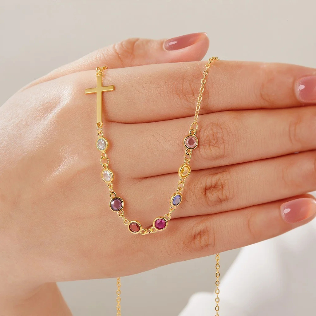 Personalized Birthstones Sideways Cross Necklace