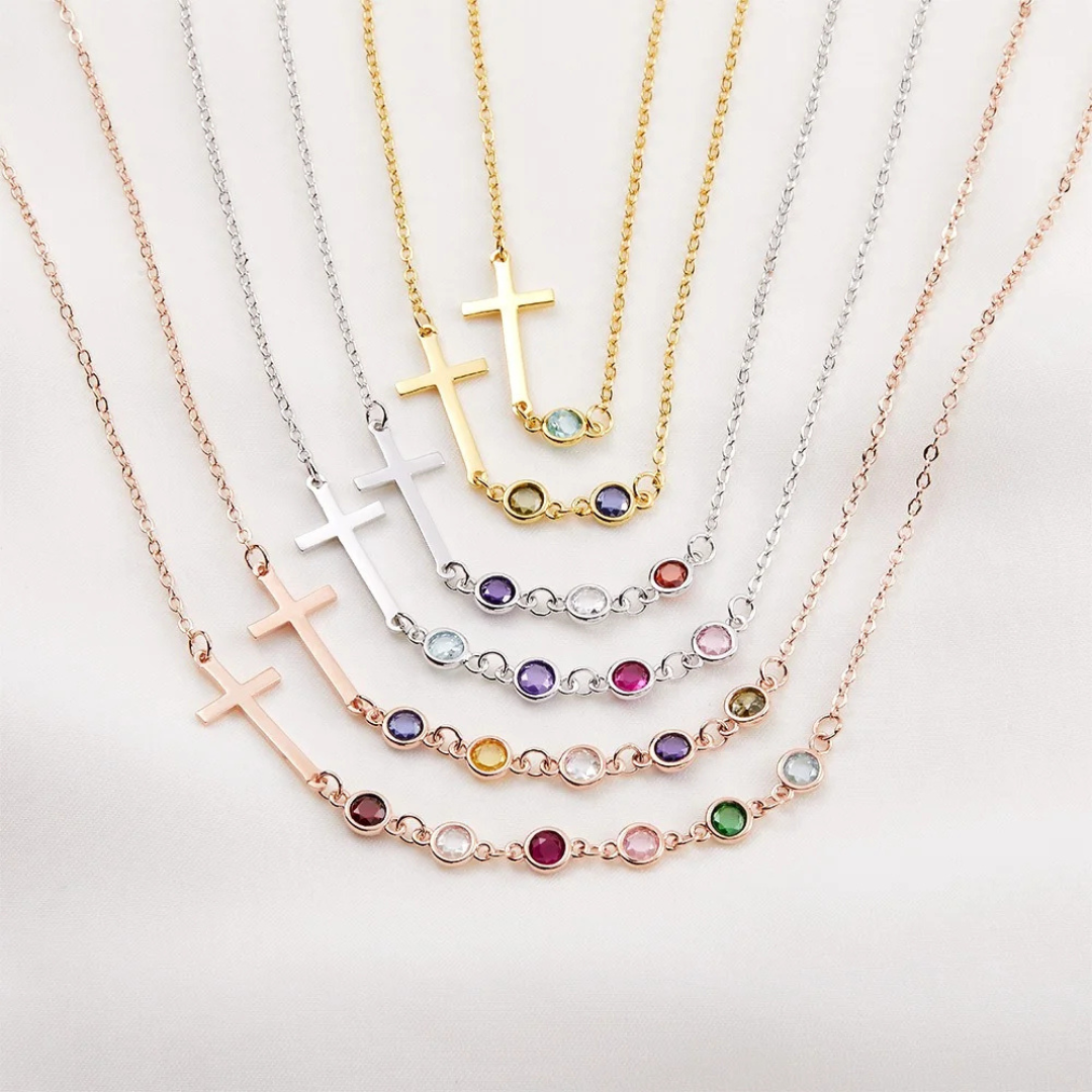 Personalized Birthstones Sideways Cross Necklace