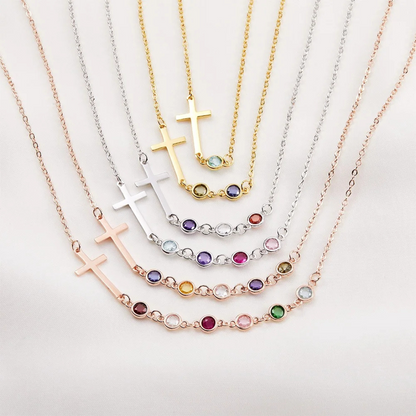 Personalized Birthstones Sideways Cross Necklace