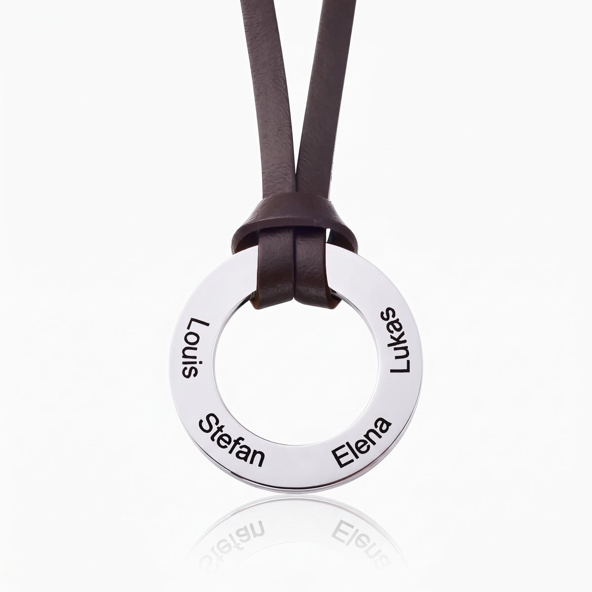 custom engraved 4 names circle pendant necklace with leather chain family names hoop mens leather necklace mens sentimental gift