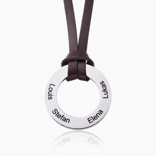 custom engraved 4 names circle pendant necklace with leather chain family names hoop mens leather necklace mens sentimental gift