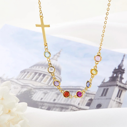 Personalized Birthstones Sideways Cross Necklace