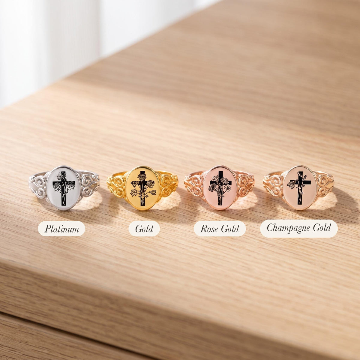 Custom Birth Flower Bouquet Cross Ring with Inner Engraving photo 4