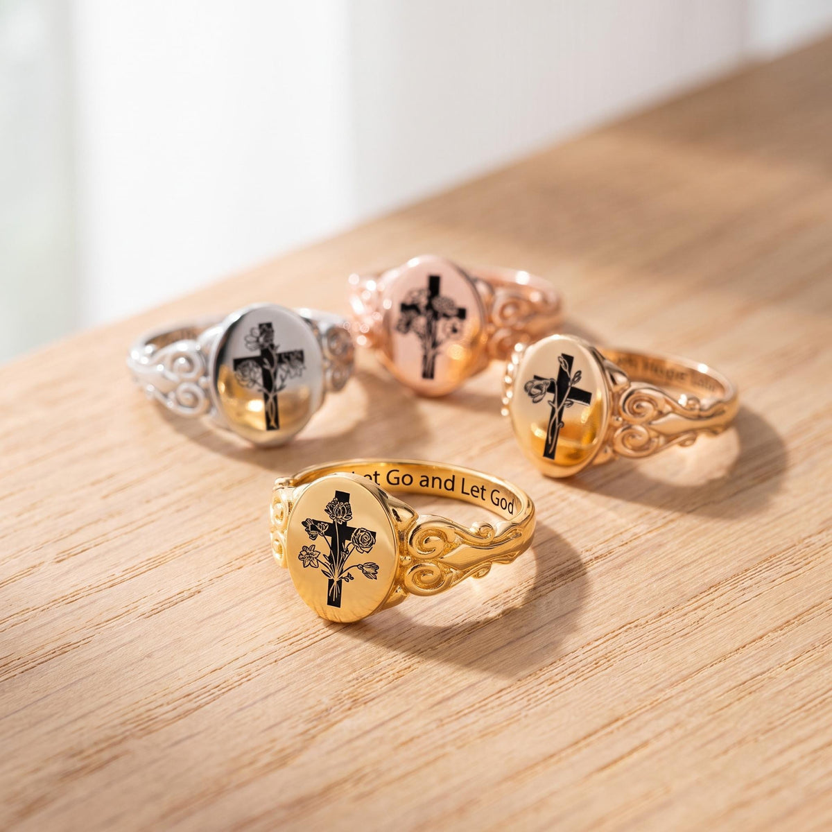 Custom Birth Flower Bouquet Cross Ring with Inner Engraving photo 5
