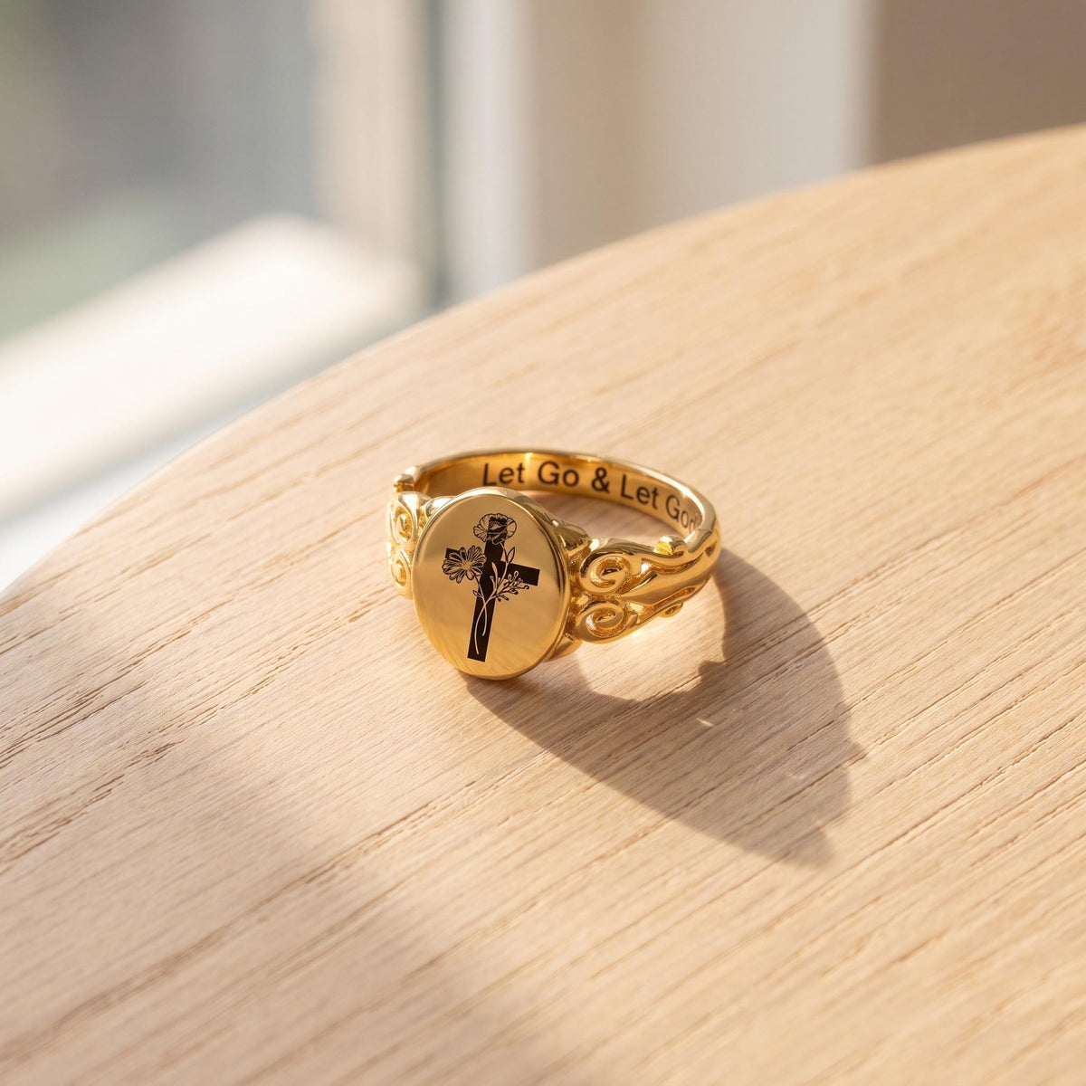 Custom Birth Flower Bouquet Cross Ring with Inner Engraving photo 7