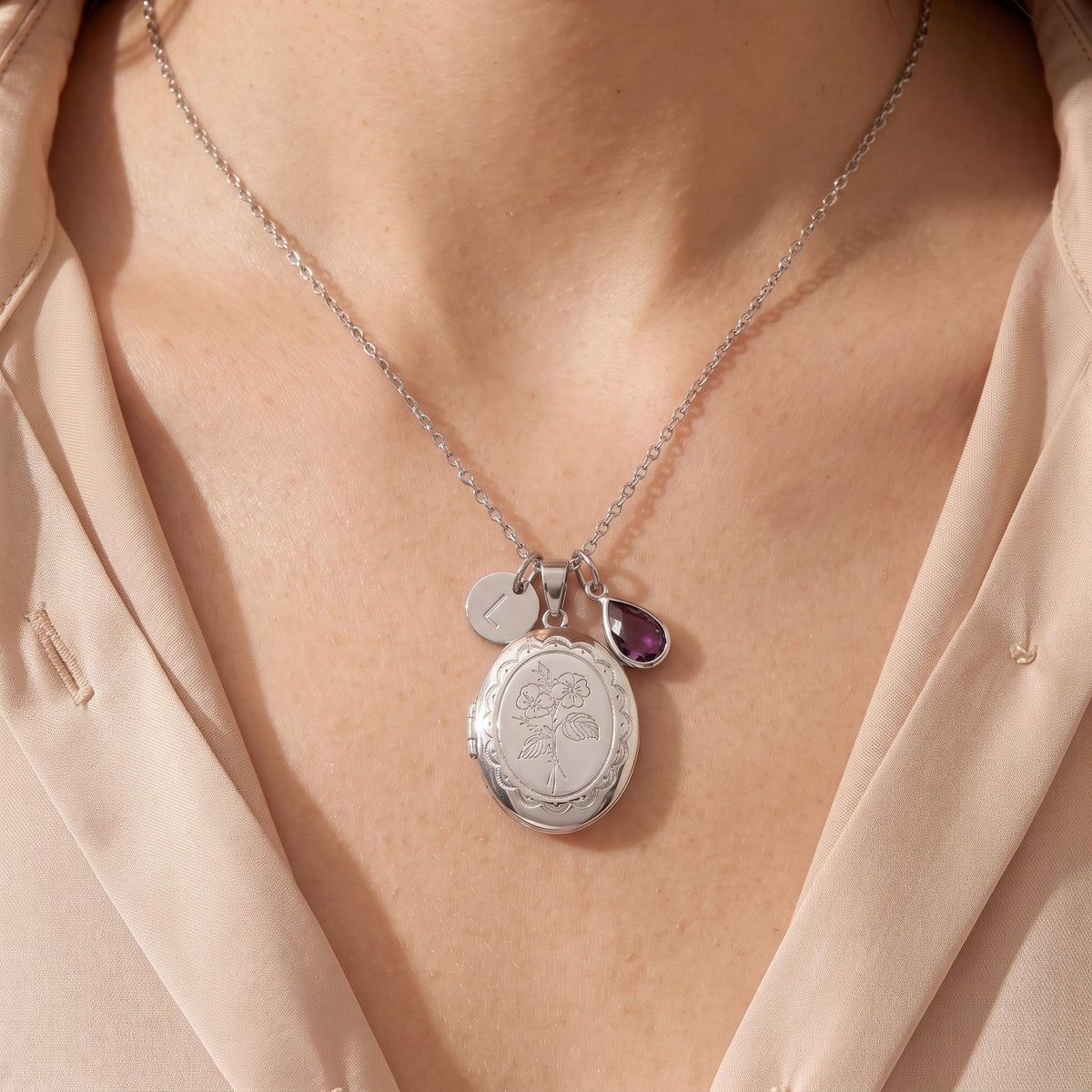Custom Locket Necklace with Birth Flower & Birthstone photo 3