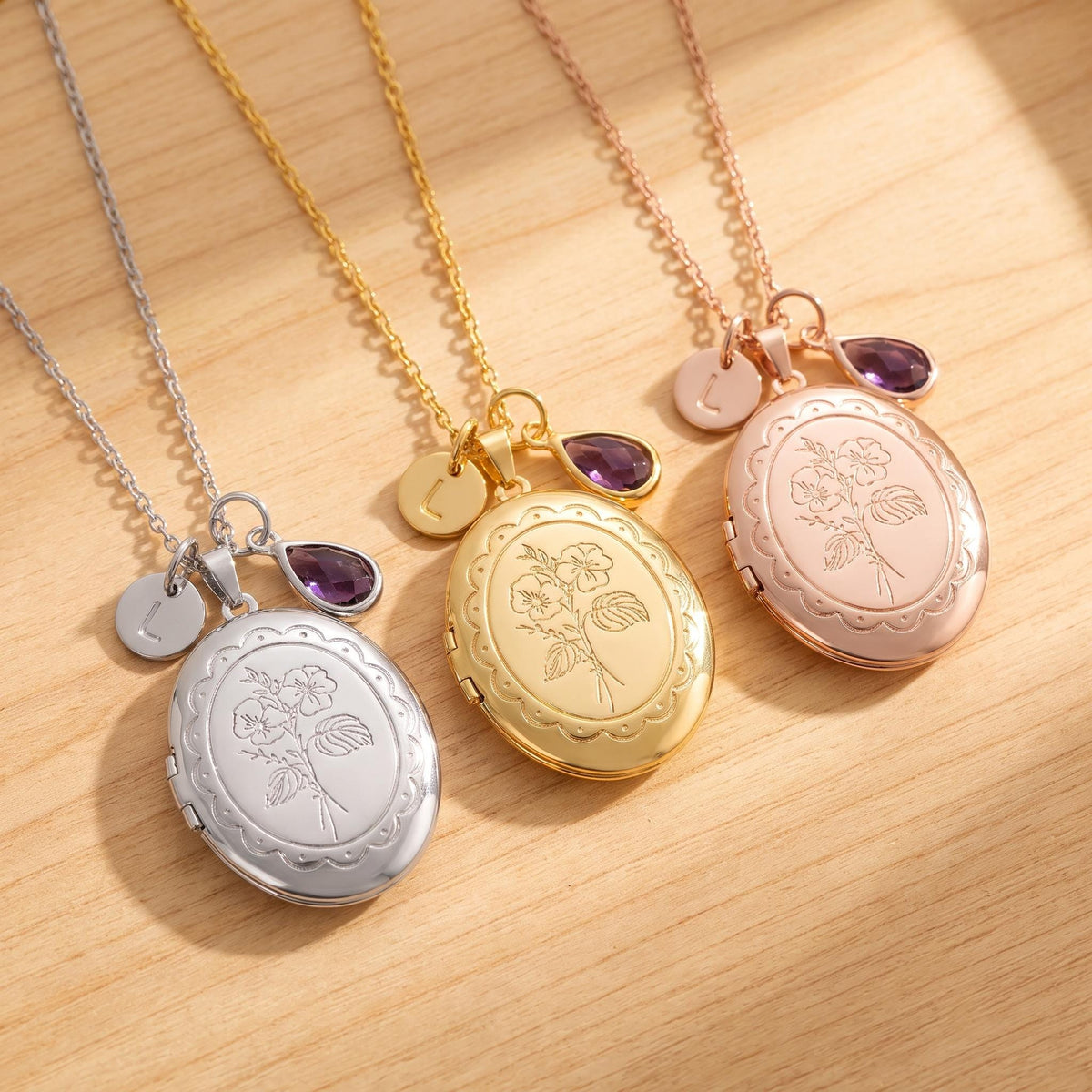 Custom Locket Necklace with Birth Flower & Birthstone photo 4