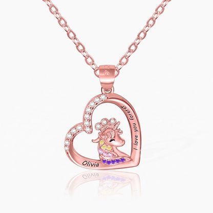 custom name message engraving unicorn heart necklace glitsy zirconia unicorn with crystal crown heart name necklace girls unicorn gift