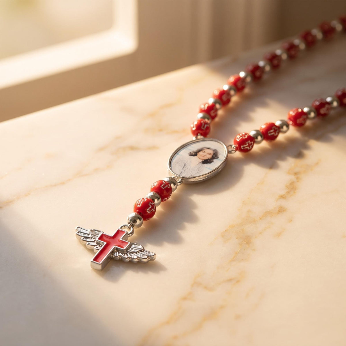 Photo Rosary Beaded Necklace with Angel Wings photo 2