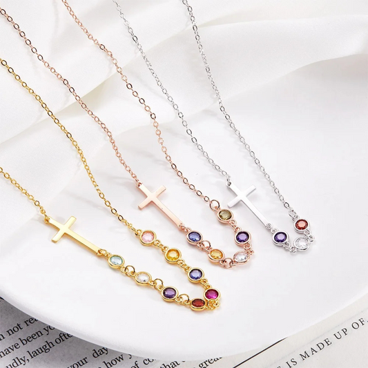 Personalized Birthstones Sideways Cross Necklace