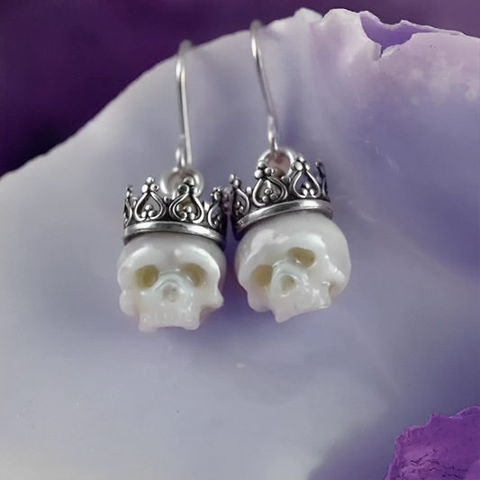 Freshwater Pearl Skull Earrings with Crowns in 925 Sterling Silver