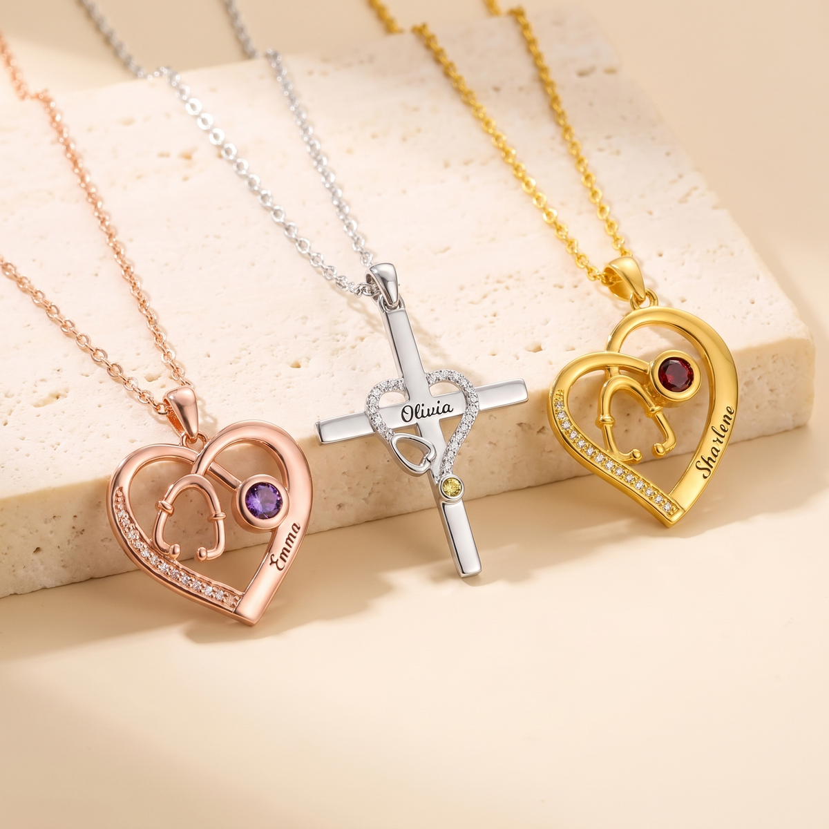 Collana stetoscopio con nome e pietra portafortuna