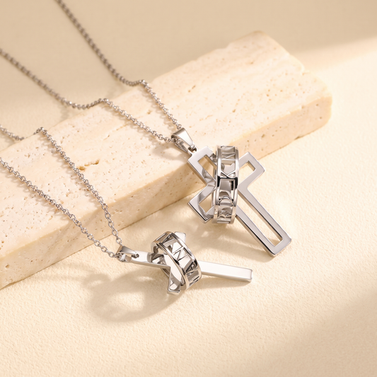 Couple Cross Necklaces with Custom Name Ring