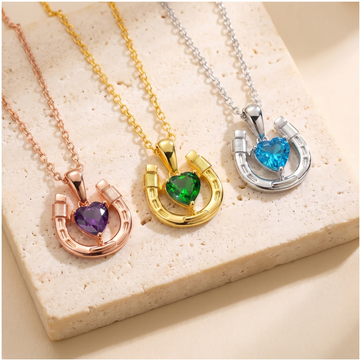 Custom Heart Shaped Birthstone Horseshoe Necklace, in Silver 925 and Plated Brass