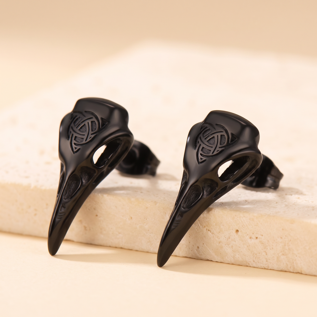 Viking Raven Skull Stud Earrings with Engraved Celtic Knot