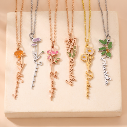 Collana con nome e fiore del mese di nascita personalizzata