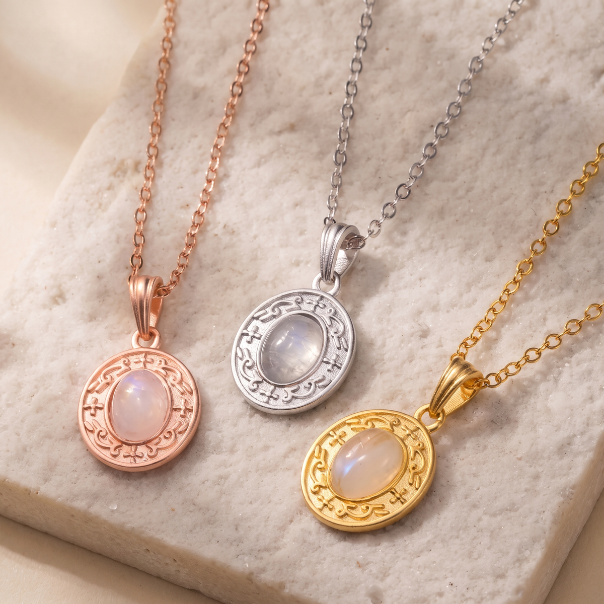 Moonstone Charm Necklace with Custom Backside Engraving