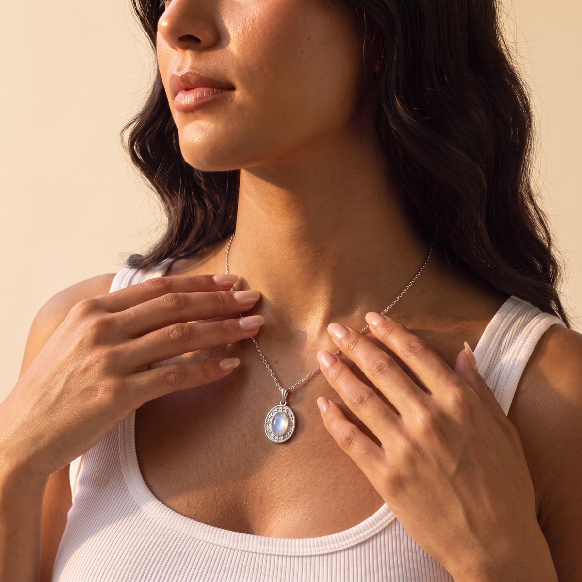 Moonstone Charm Necklace with Custom Backside Engraving