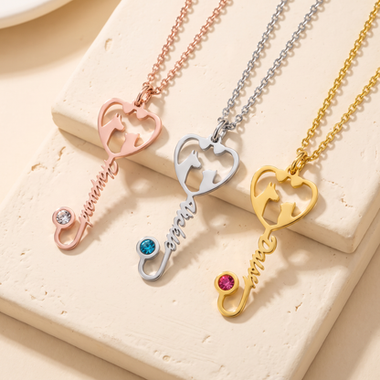 Veterinary Name Stethoscope Heart Necklace with Birthstone