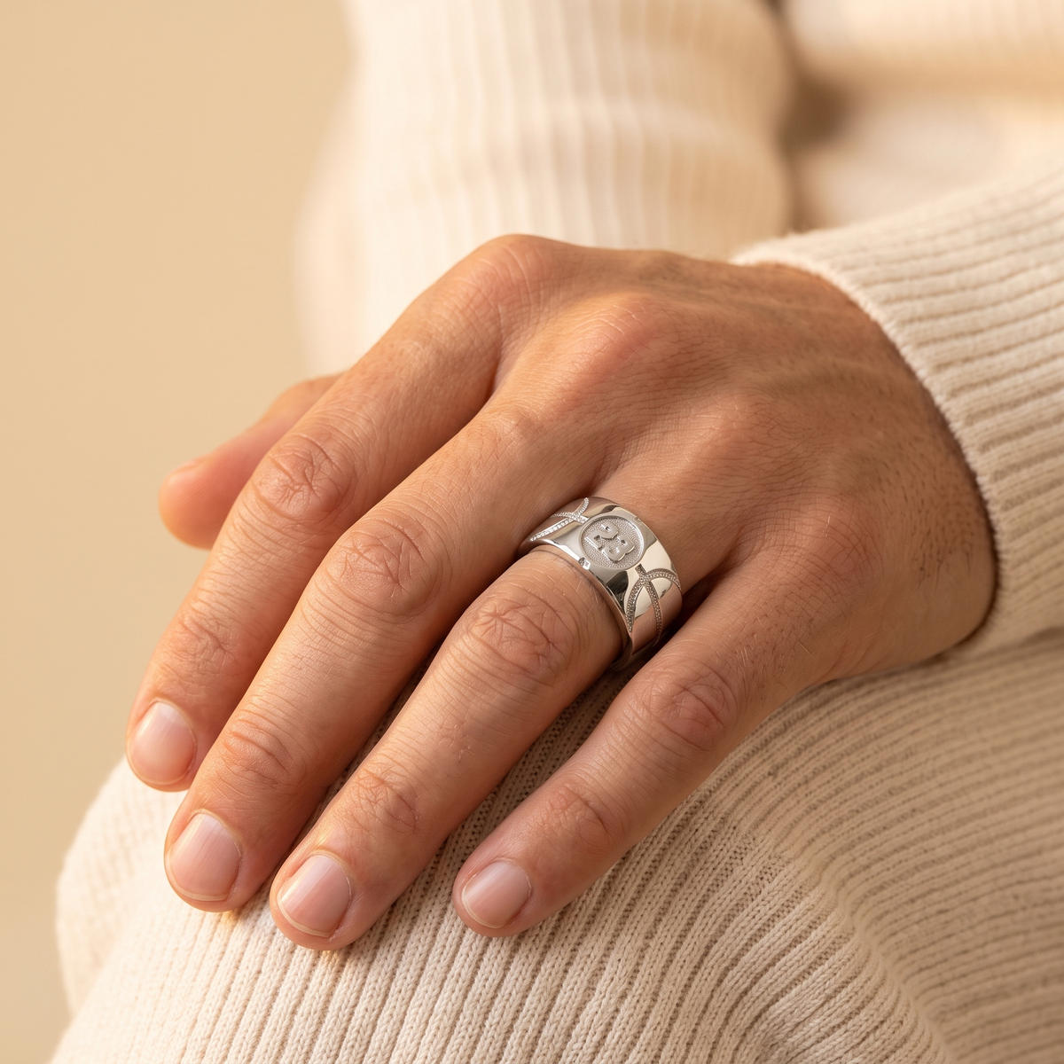 Basketball Signet Silver Ring with Custom Number and Text