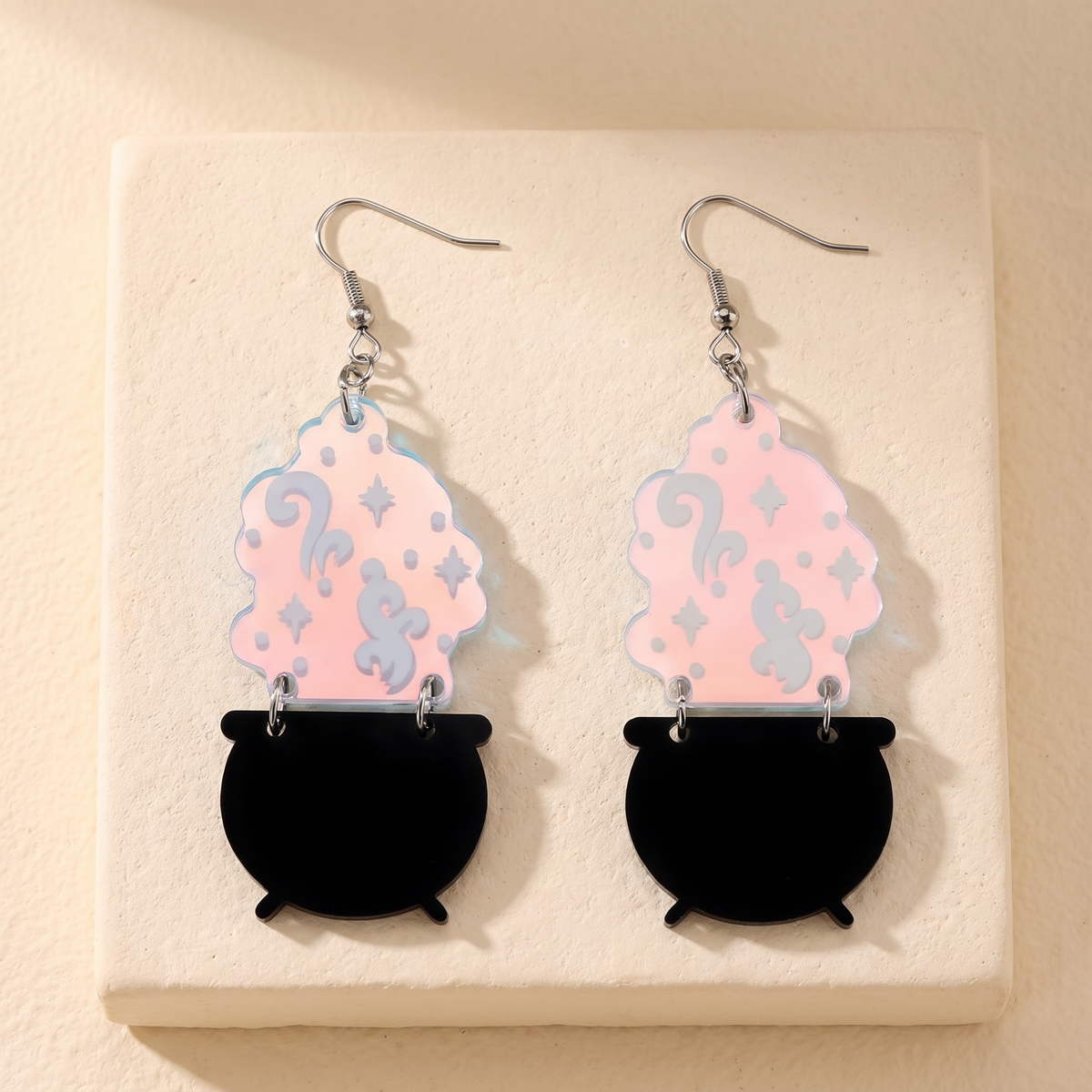 Laser Engraved Iridescent Witch Cauldron Earrings